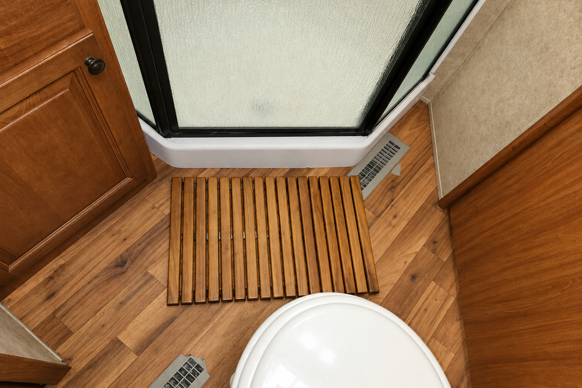 Teak mat over an RV sink for extra counter space