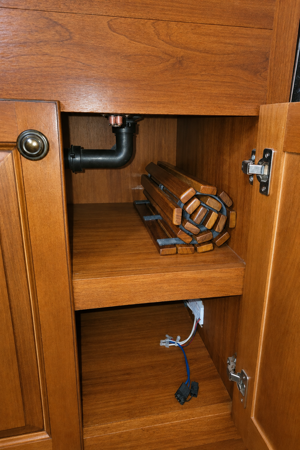 Roll-up teak shower mat showing natural wood grain